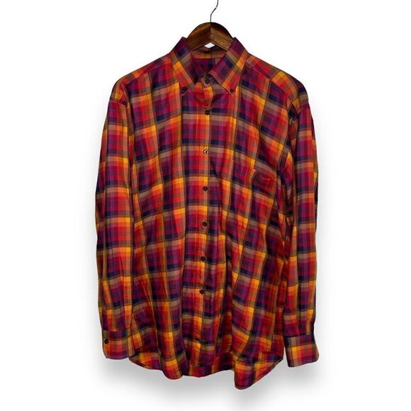 Robert Talbott Red & Orange Check Button Down Shirt Size M - Picture 1 of 11